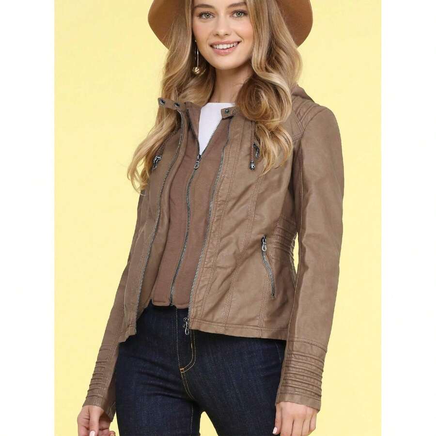 Made By Johnny MBJ Womens Faux Leather Motorcycle Jacket With Hoodie