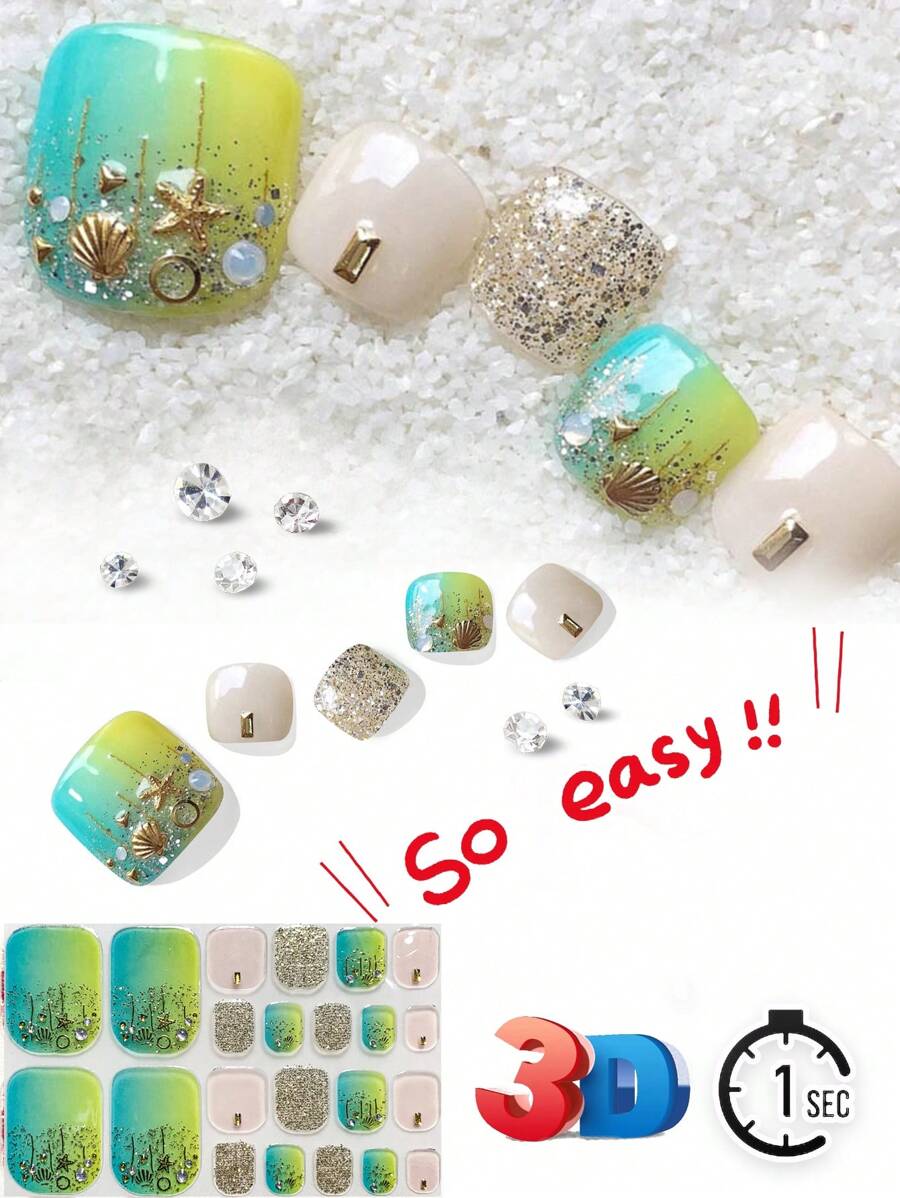 22pcs Ocean Elements Nail Art Stickers, 3D Gradient Green Star Moon Design Nail Decals, Ideal For Travel Outfit Manicure - Multicolor - View 1