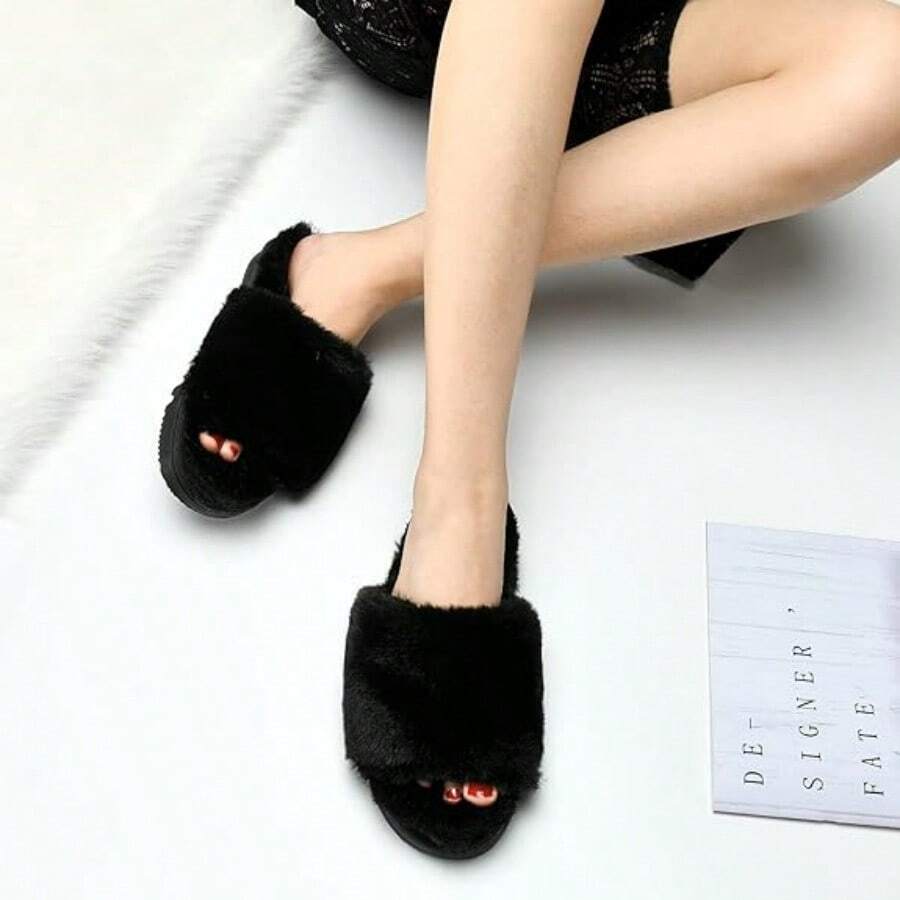 Fluffy Open Toe Slippers For Women Indoor Memory Foam, Comfy Fuzzy Womens Summer House Slippers Non-Slip - Black - View 1