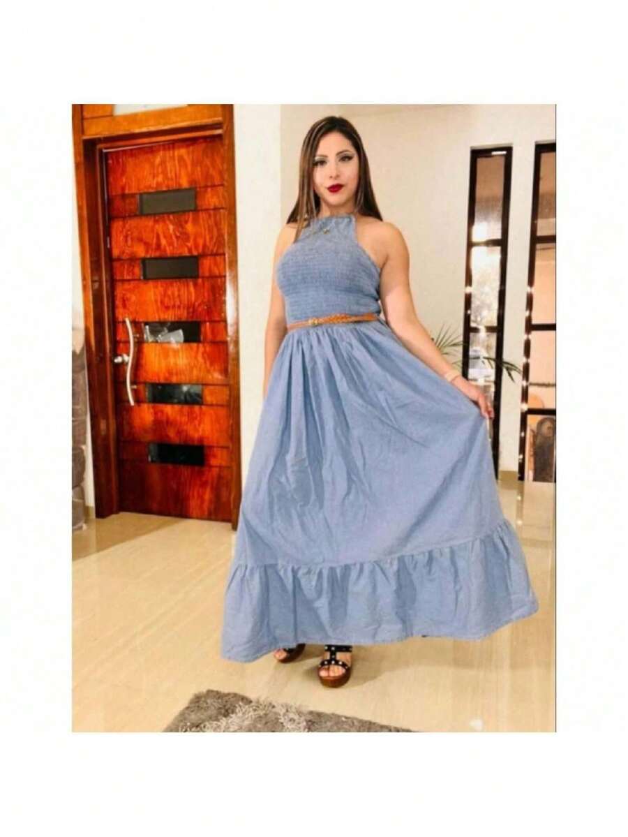 Vestido de mezclilla largo con tirantes - Azul - Ver 1