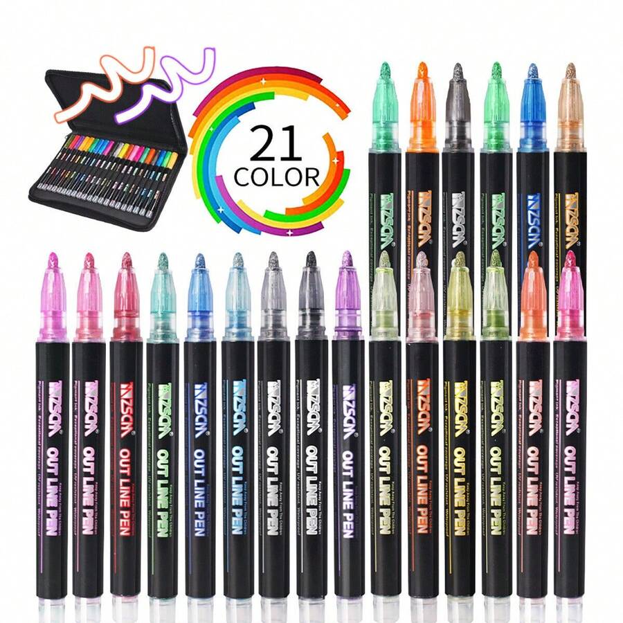 Drawing Marker Pens Double Line Outline Pens 21 Color Self Outline Metallic - Multicolor - View 1