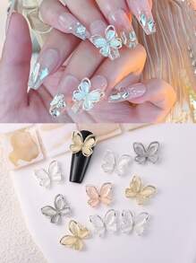 10 món trang sức hợp kim kẽm thiết kế hình bướm nhiều màu sắc với đá mắt mèo mạ bạc/vàng, đá giả 3D trang trí móng tay tự làm, đá quý làm móng, phụ kiện làm móng - Đỏ và trắng - Xem 1