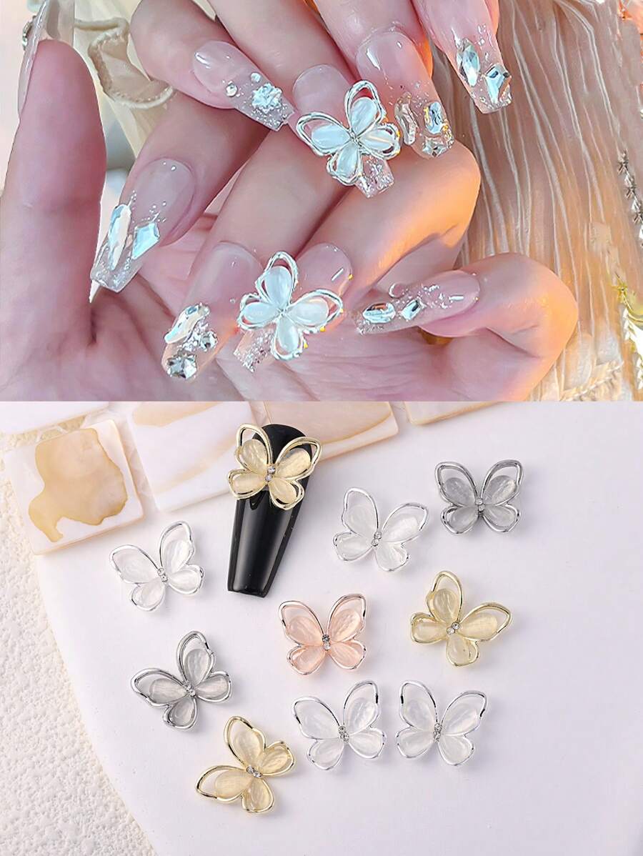 10 món trang sức hợp kim kẽm thiết kế hình bướm nhiều màu sắc với đá mắt mèo mạ bạc/vàng, đá giả 3D trang trí móng tay tự làm, đá quý làm móng, phụ kiện làm móng - Đỏ và trắng - Xem 1