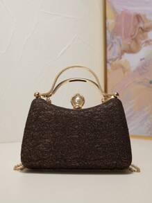 Mini Handheld Luxurious Elegant Lace, Pearl & Rhinestone Box Clutch Purse, Suitable For Weddings/Formal Events - Coffee Brown - View 4