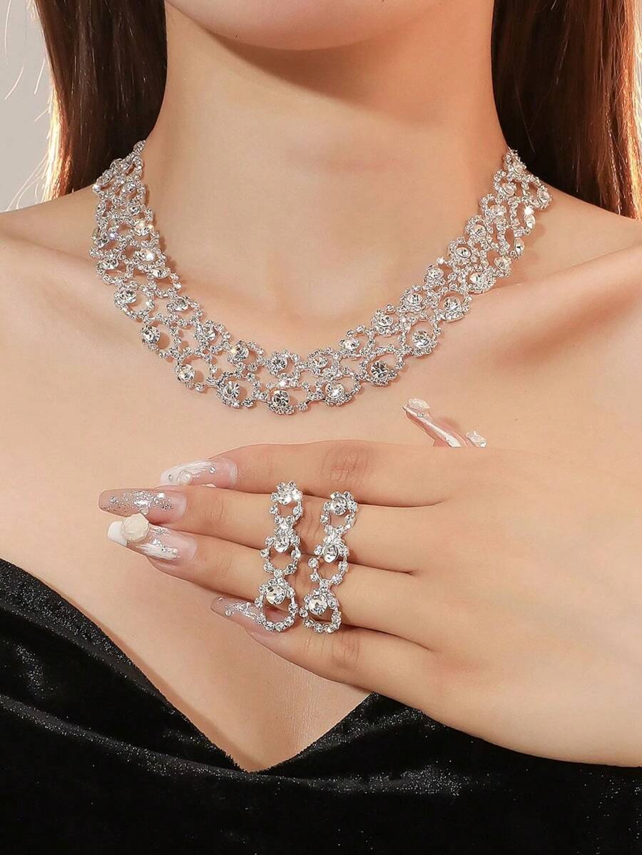 3pcs Sang trọng Rhinestone đầy đủ Hoa tai Dây chuyền Bộ trang sức , Màu bạc Màu sắc Tuyệt đẹp Đồ trang sức Cho đám cưới , Dạ hội , Phù dâu , Ngày Đêm - Bạc - Xem 1