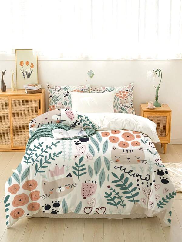 3pcs Cat Comforter Cover Set,Cat Bedding Set For Kids,Cartoon Cat Comforter Cover Set, 1 Comforter Cover & 2 Pillowcases(Without Core)