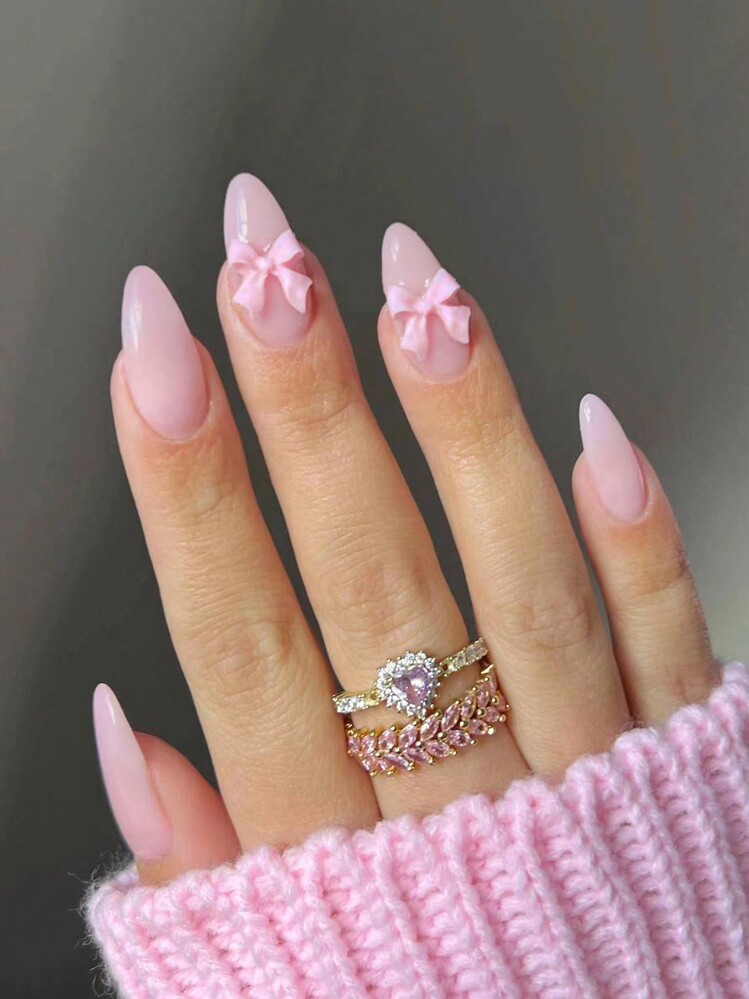 Eleva tu estilo con un conjunto de 24 uñas postizas con diseño de lazo rosa en forma de almendra, que incluye 1 tubo de pegamento tipo gelatina y 1 lima de uñas, para decoraciones de uñas de mujeres y niñas. uñas falsas uña falsa uña acrílica