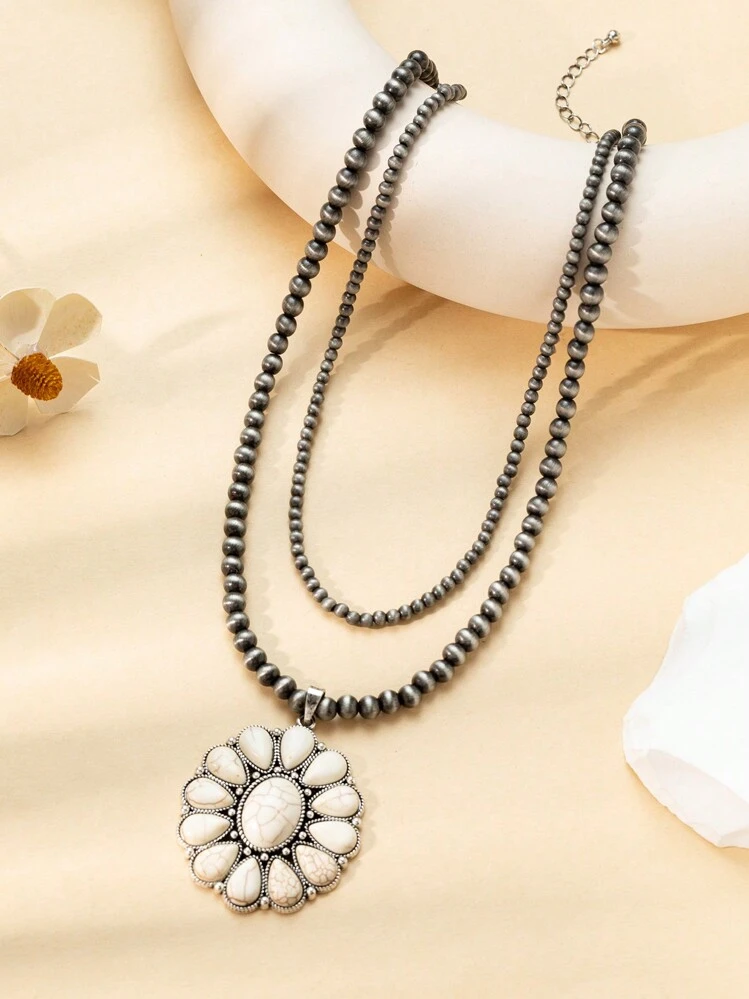 Flower Charm Beaded Layered Necklace - Red - View 2