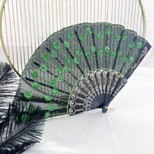 1pc Vintage Hand Fan With Peacock Tail Embroidery, Foldable And Decorated With Sequins, Perfect For Roleplaying, Stage Performance And Party Decoration, Ideal Gift For Ladies Halloween - Multicolor - View 2