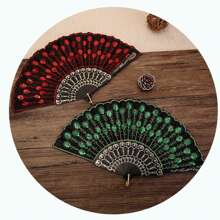 1pc Vintage Hand Fan With Peacock Tail Embroidery, Foldable And Decorated With Sequins, Perfect For Roleplaying, Stage Performance And Party Decoration, Ideal Gift For Ladies Halloween - Multicolor - View 6