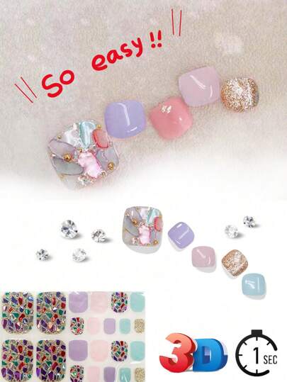 22片杏仁形美甲彩色新品热销脚部美甲贴纸，沙滩贝壳和蓝色海洋设计，旅行时尚美甲配件