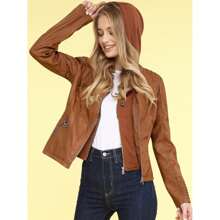 Made By Johnny MBJ Womens Faux Leather Motorcycle Jacket With Hoodie