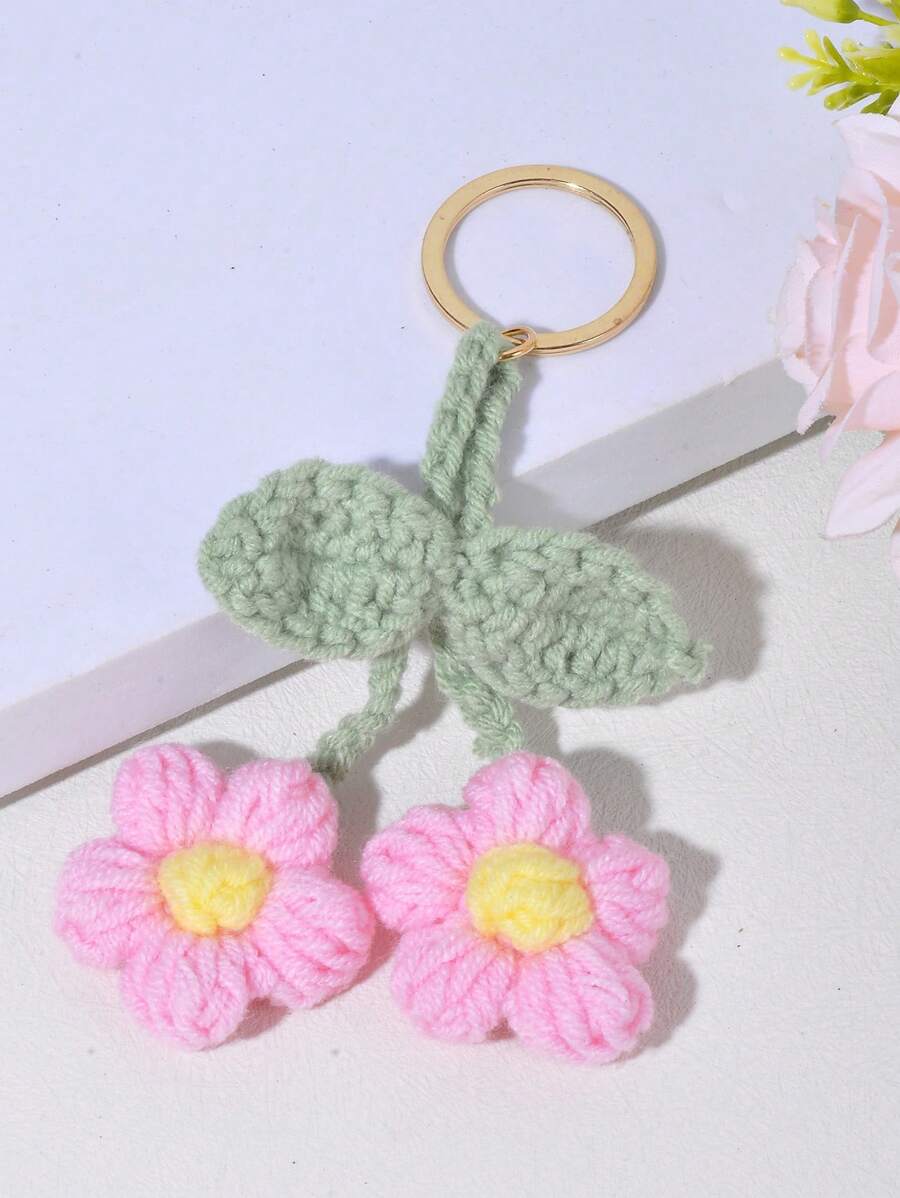1 pieza Llavero de ganchillo con adorno de pequeña flor tejida a mano - Rosa - Ver 1