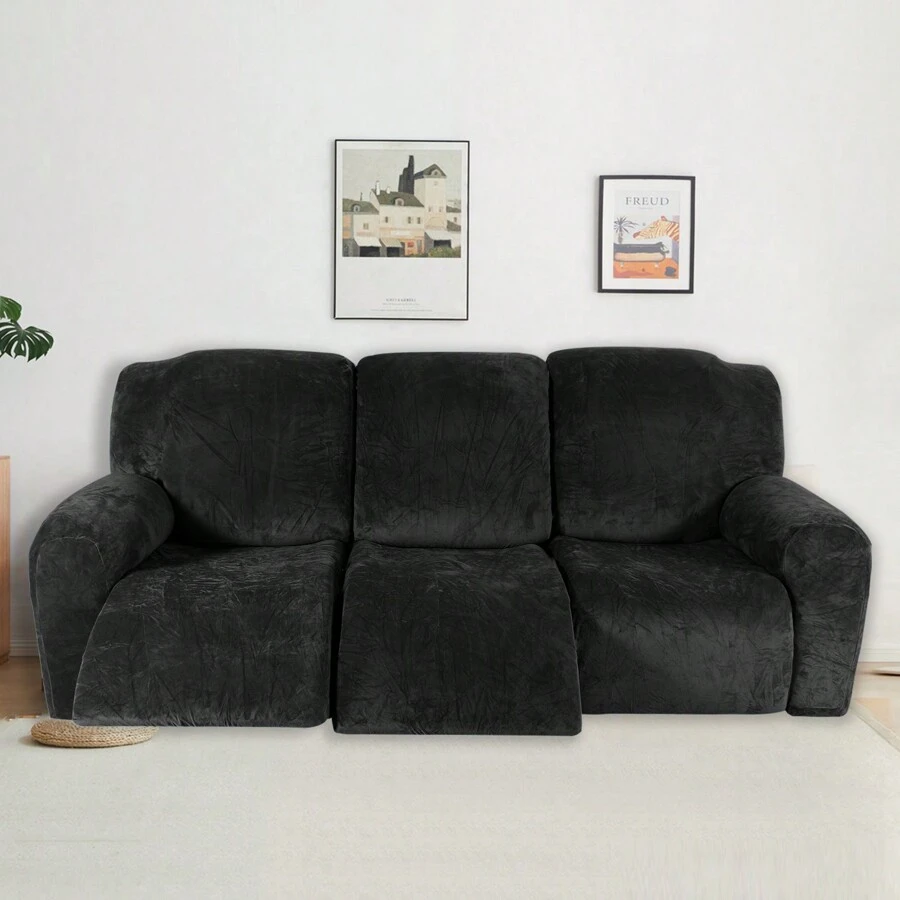 3 Seater Recliner Sofa Cover Velvet Stretch Reclining Couch Slipcover Thick Soft Washable Covers With Side Pocket For Reclining Sofa Protector 8pcs/Set - Black - View 1