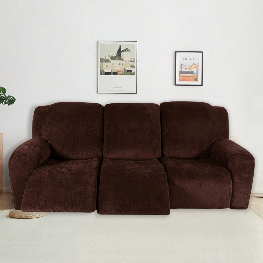 3 Seater Recliner Sofa Cover Velvet Stretch Reclining Couch Slipcover Thick Soft Washable Covers With Side Pocket For Reclining Sofa Protector 8pcs/Set - Brown - View 1