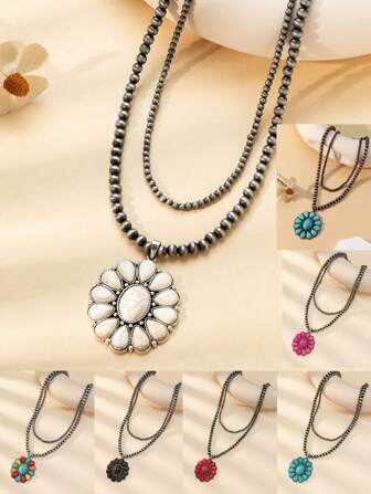 Collar en capas con cuentas y dije de flor, regalo para San Valentín, mamá, madre, Día de la Madre