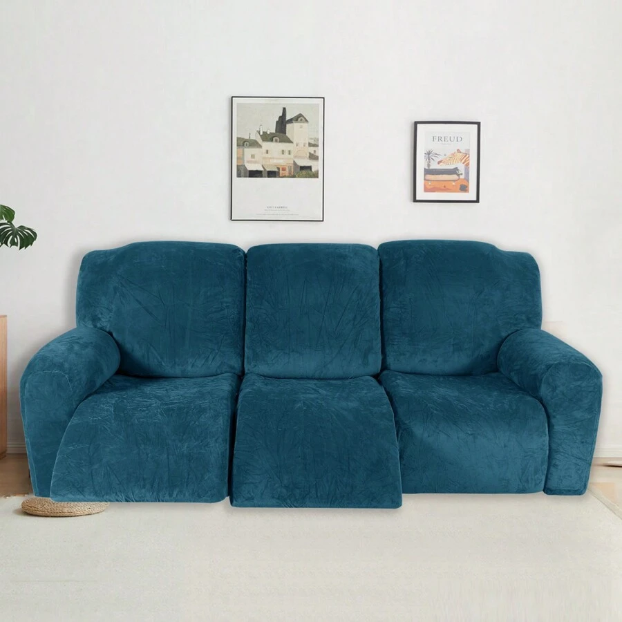 3 Seater Recliner Sofa Cover Velvet Stretch Reclining Couch Slipcover Thick Soft Washable Covers With Side Pocket For Reclining Sofa Protector 8pcs/Set - Blue - View 1