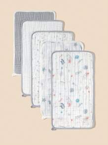 5 قطع بطانيات لف طفل ناعمة معتمدة من Oeko-Tex مطبوعة بنجوم وفضاء، مناسبة للاستخدام اليومي للأطفال كمنشفة وجه أو حلقة أو بطانية طفل