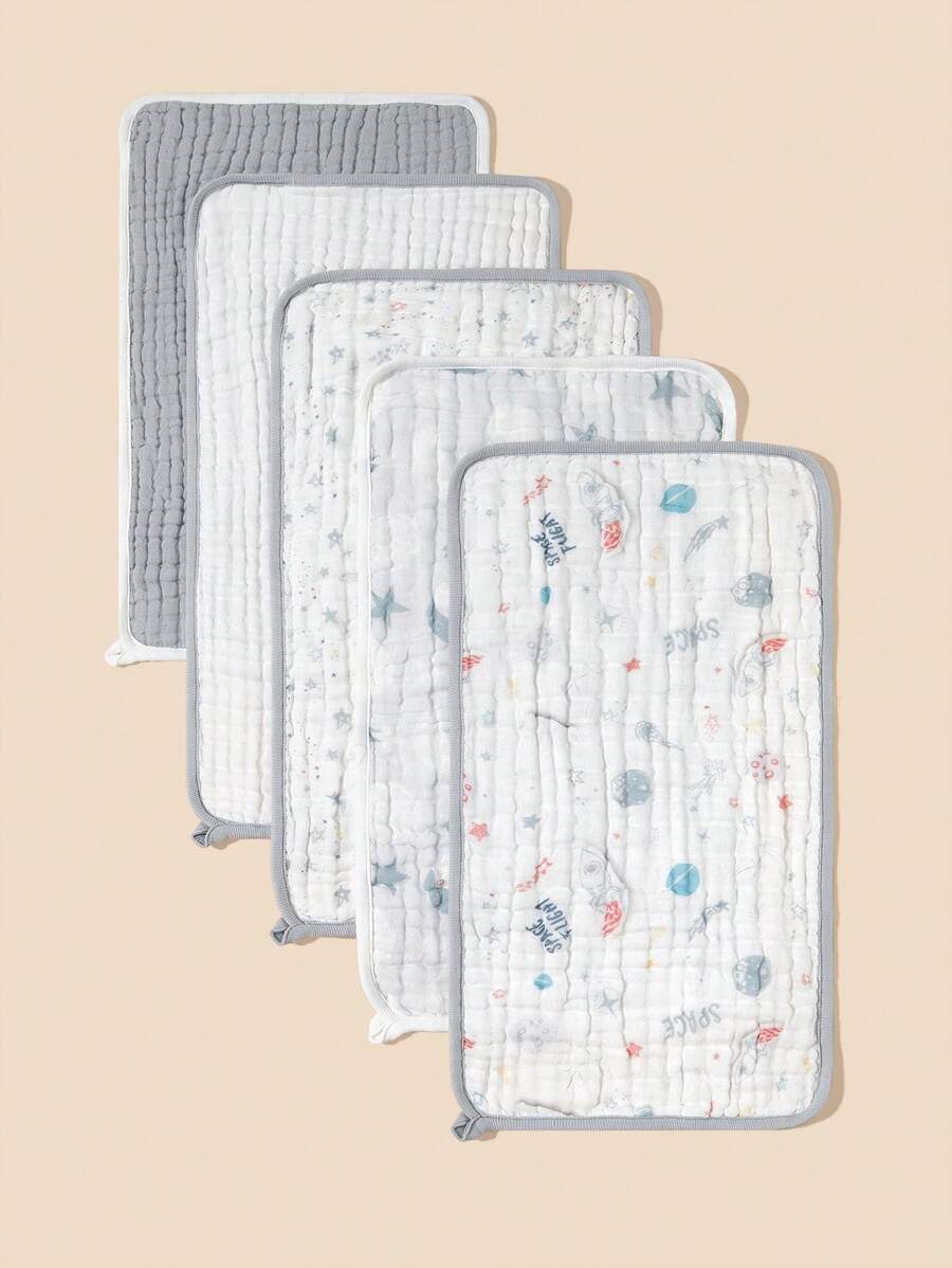 5 قطع بطانيات لف طفل ناعمة معتمدة من Oeko-Tex مطبوعة بنجوم وفضاء، مناسبة للاستخدام اليومي للأطفال كمنشفة وجه أو حلقة أو بطانية طفل