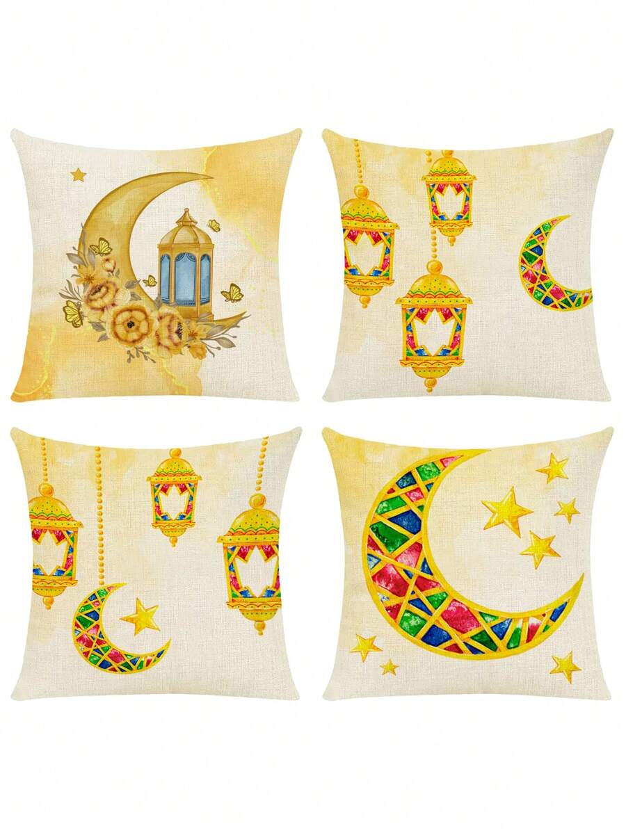 4入組亞麻混紡素描圖案枕套,不包括枕芯,適用於節慶派對家居裝飾,客廳沙發,臥室床邊和靠背套,全季通用 - 彩色 - 查看 1