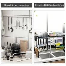 Over Sink Dish Drying Rack 2-Tiers Stainless Steel Kitchen Utensils Storage Cutlery Organizer Cutlery Rack With Chopstick Holder Space Save,Anti-Rust,With Five Free Hanging Hooks - 黑色 - 查看 8
