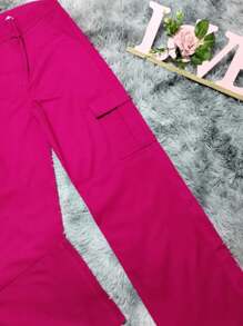 PANTALON CON BOLSAS DE CARGO  GABARDINA RIGIDA BASICA - Rosa Fucsia - Ver 2