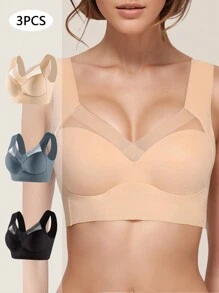 3pcs/Set Women's Seamless Bras, Hookless Design, Easy To Wear, Lift Support, Non-Removable Pads, Non-Adjustable Straps, 3-Color Set, Suitable For Yoga, Daily Wear, Lingerie - Multicolor - View 1