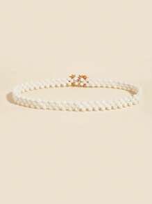 2pcs Women Pearl Elastic Waist Chain With Gold Flower & Bow Accent, Suitable For Evening Dress, Parties, Weddings, Mother's Day Gift
