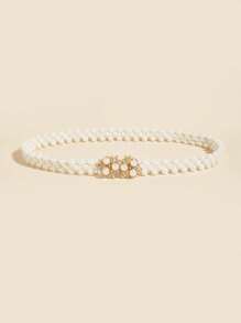 2pcs Women Pearl Elastic Waist Chain With Gold Flower & Bow Accent, Suitable For Evening Dress, Parties, Weddings, Mother's Day Gift