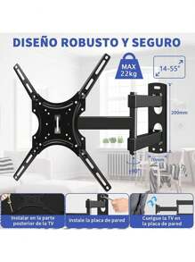 Soporte De TV Ajustable Universal Para, Resistente, Soporte Para TV Ajustable Color Negro, Soporta Hasta 40 Kg, Soporte De Pared Para TV/Television/Televisor Movible Con Brazo Para Pantallas Pulgadas, Resistente Con Materiales Reforzado, Apto Para La MayoríA De Televisores Y Monitores De Pantalla Plana Led Lcd De 14" A 55" (Negro) - Negro - Ver 2