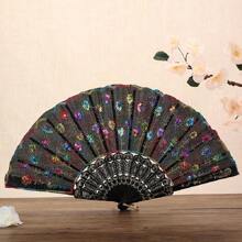 1pc Vintage Hand Fan With Peacock Tail Embroidery, Foldable And Decorated With Sequins, Perfect For Roleplaying, Stage Performance And Party Decoration, Ideal Gift For Ladies Halloween - Multicolor - View 12