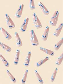 24 Piezas/set Uñas Postizas Largas Con Diseño De Rayas Azules Y Blancas Y Patrón De Ondas Con Gel De Goma Y Lima De Uñas - Azul y blanco - Ver 3