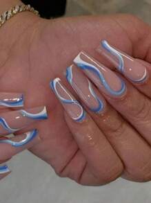 24 Piezas/set Uñas Postizas Largas Con Diseño De Rayas Azules Y Blancas Y Patrón De Ondas Con Gel De Goma Y Lima De Uñas - Azul y blanco - Ver 1