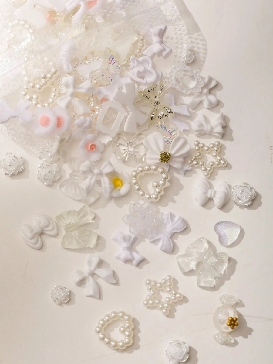 Gói 100 chiếc 3D White Series Resin Butterfly Nail Art Charm Rose Peach Skirt Bow Snake Ice Cream Dragon Heart Bow Glitter Hollow Star Rabbit Animal Shape Nail Art Rhinestone Faux Pearl Thích hợp cho DIY Nail Art Decoration Making Craft Xuân Hè Thu Đông Phong cách Y2K Nghệ thuật làm móng Phụ kiện làm móng Charms Nail Gems Nail Supplies Nails - trắng - Xem 1
