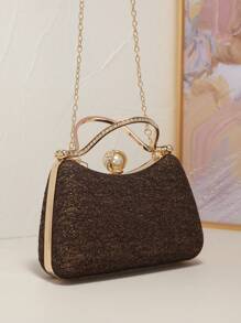 Mini Handheld Luxurious Elegant Lace, Pearl & Rhinestone Box Clutch Purse, Suitable For Weddings/Formal Events - Coffee Brown - View 6