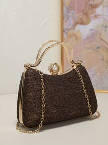 Mini Handheld Luxurious Elegant Lace, Pearl & Rhinestone Box Clutch Purse, Suitable For Weddings/Formal Events - Coffee Brown - View 2