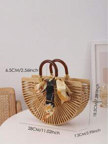 1 Peça Bolsa De Praia De Bambu Oca Feita À Mão Em Estilo De Férias E Lazer De Primavera/verão Apricot E Lenço