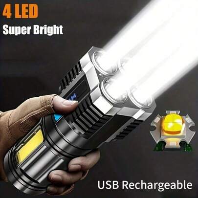 1pc Led Flashltight, Usb Rechargeable, 4 Lights, Portable & Super Bright Flashlight, Suitable For Outdoor Camping Emergency Lantern, Portable High Intensity Led Flashlight With Side Light, Usb Charging, Long Beam Distance, Outdoors & Home Use