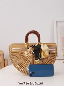 1 Peça Bolsa De Praia De Bambu Oca Feita À Mão Em Estilo De Férias E Lazer De Primavera/verão Apricot E Lenço