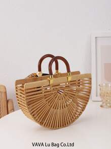1 Peça Bolsa De Praia De Bambu Oca Feita À Mão Em Estilo De Férias E Lazer De Primavera/verão Apricot E Lenço