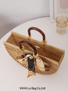 1 Peça Bolsa De Praia De Bambu Oca Feita À Mão Em Estilo De Férias E Lazer De Primavera/verão Apricot E Lenço