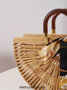 1 Peça Bolsa De Praia De Bambu Oca Feita À Mão Em Estilo De Férias E Lazer De Primavera/verão Apricot E Lenço
