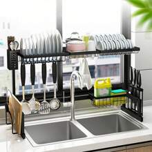 Over Sink Dish Drying Rack 2-Tiers Stainless Steel Kitchen Utensils Storage Cutlery Organizer Cutlery Rack With Chopstick Holder Space Save,Anti-Rust,With Five Free Hanging Hooks - 黑色 - 查看 1