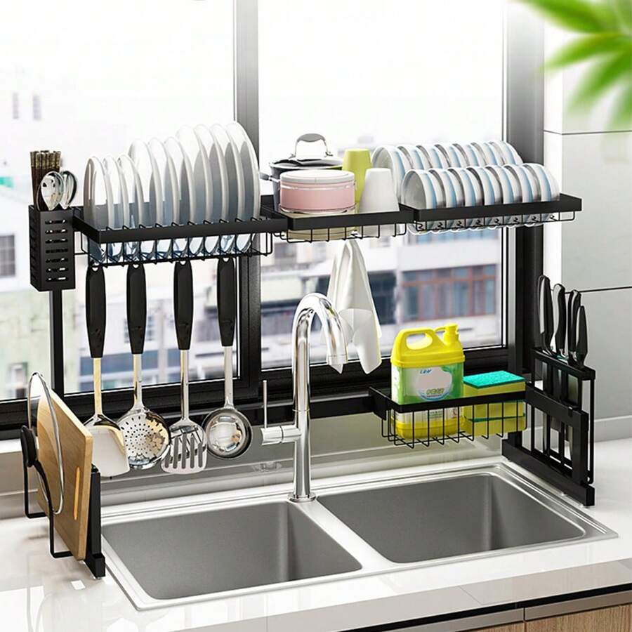 Over Sink Dish Drying Rack 2-Tiers Stainless Steel Kitchen Utensils Storage Cutlery Organizer Cutlery Rack With Chopstick Holder Space Save,Anti-Rust,With Five Free Hanging Hooks - 黑色 - 查看 1