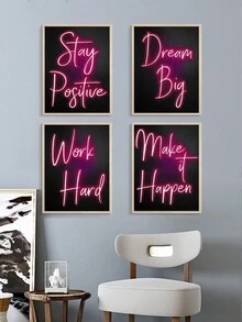 4入組激勵紅色霓虹帆布牆面藝術,適用於客廳和臥室裝飾 - 黑色背景,無框 - 彩色 - 查看 2