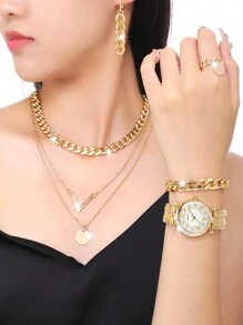 SOKI SOKI Relógio de quartzo com mostrador redondo e estampa de leopardo, 5 peças, personalizado, colar com estampa de leopardo, brincos, conjunto de joias com pulseira, adequado para uso diário, temporada de volta às aulas, temporada de formatura, Ação de Graças, casais, os melhores presentes, caixa de relógio não incluída