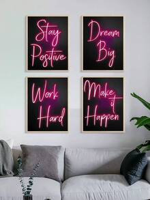 4入組激勵紅色霓虹帆布牆面藝術,適用於客廳和臥室裝飾 - 黑色背景,無框 - 彩色 - 查看 3