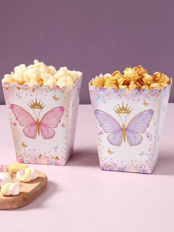 6/20 Stück lila-rosa Schmetterlings-Stil Essensboxen, Pommes-Frites-Boxen, Popcorn-Becher, Popcorn-Eimer als Geschenkboxen für rosa Geburtstagsfeiern und Familienfilmabende, geeignet für Bäckerei-Brotboxen, Burger-Restaurants