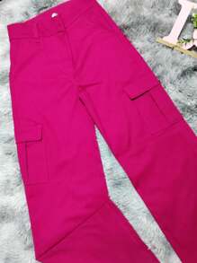 PANTALON CON BOLSAS DE CARGO  GABARDINA RIGIDA BASICA - Rosa Fucsia - Ver 3