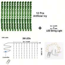 1Set Vine Hanging Garland String Light Artificial Lvy Plants Fake Vines Decorative Lights For Bedroom Wedding Party Garden Wall Room Home Decor(12 Packs Artificial Lvy Plants With 200 LED Curtain Light )Or 1pc 20LED Copper Wire Ivy Light,2 Style For Choose)